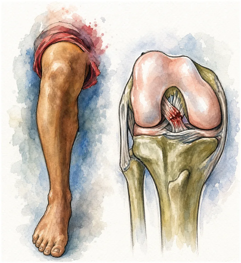 Swollen knee after a twisting injury with a torn anterior cruciate ligament (ACL) shown in cross-section