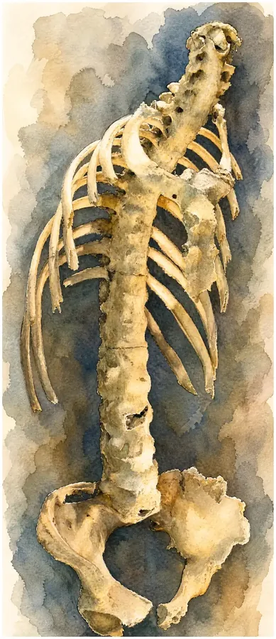 Spine and rib cage fused and curved forwards in advanced ankylosing spondylitis