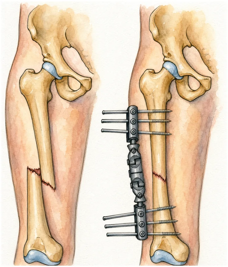 Femur shaft fracture before and after fixation with an external fixator