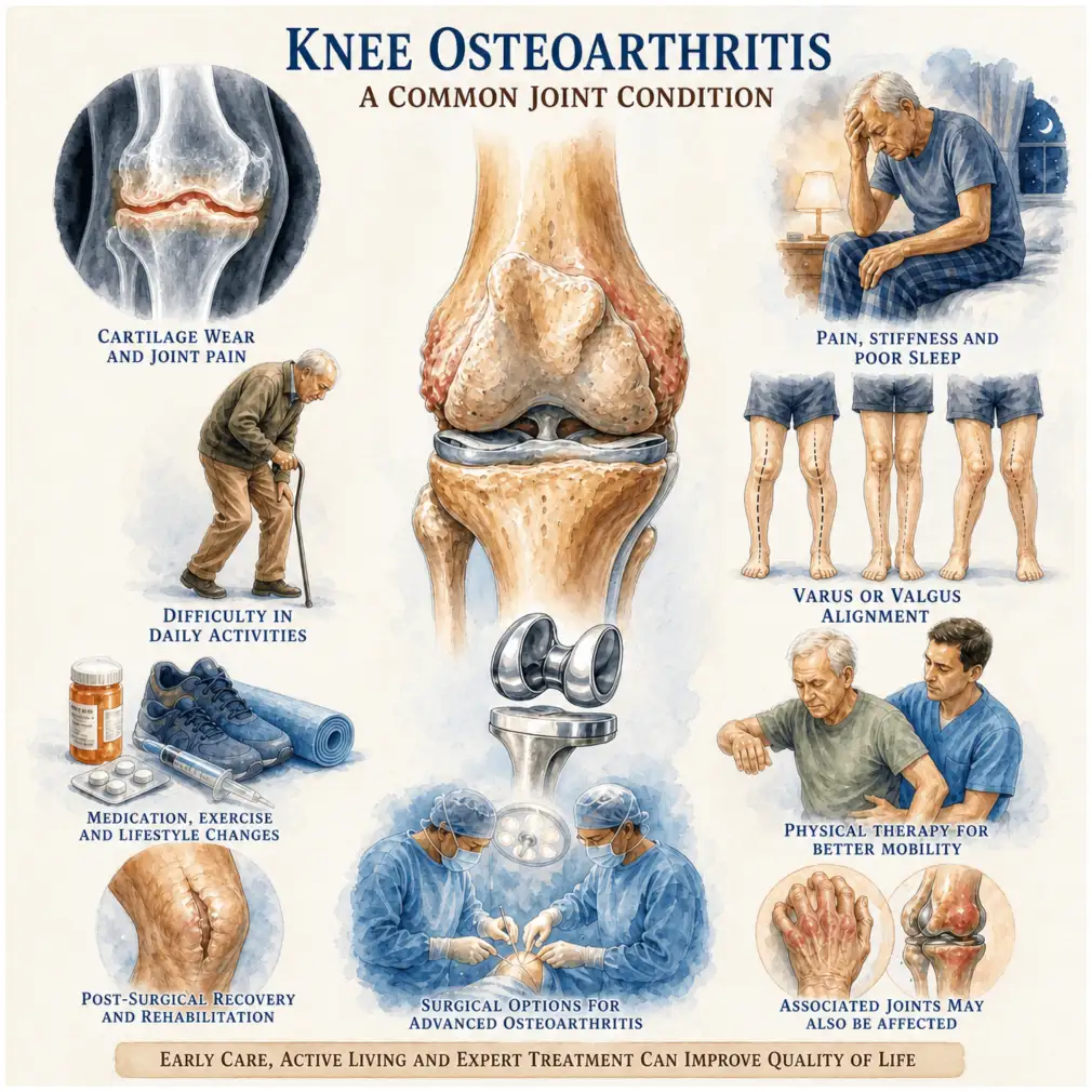Knee osteoarthritis — cartilage wear, night pain, bow-leg or knock-knee deformity, difficulty walking, and the treatment options from medication and physiotherapy to knee replacement