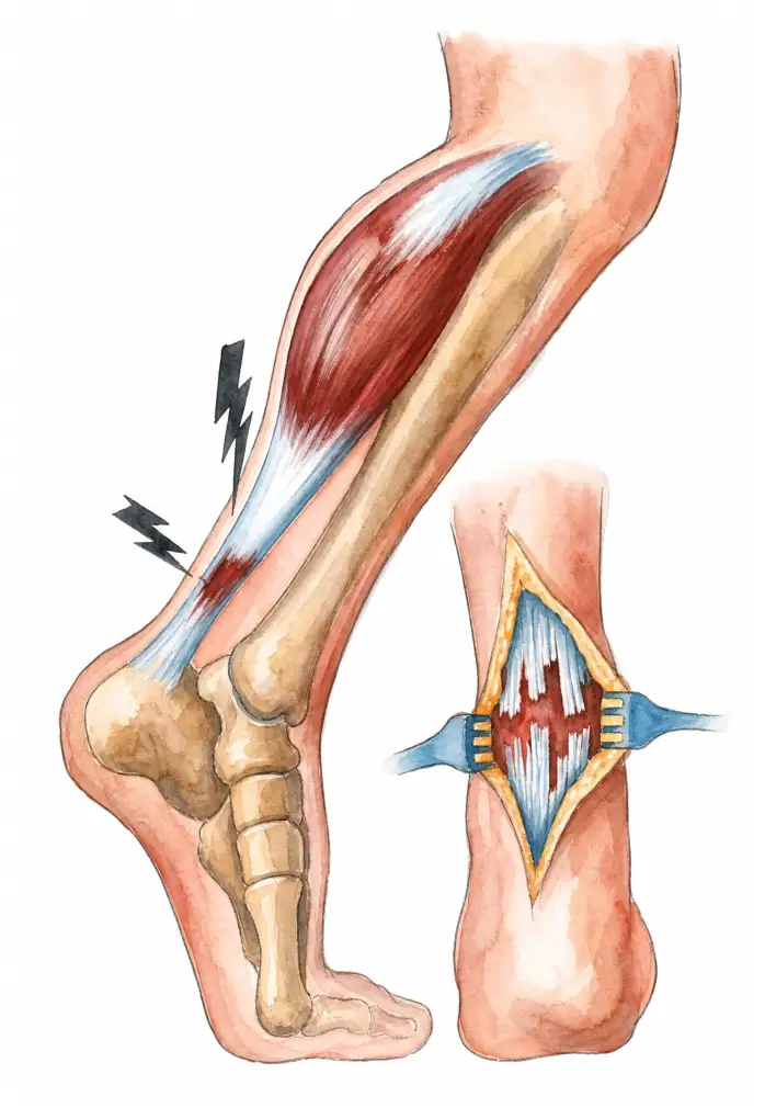 Calf and heel showing a ruptured Achilles tendon with the torn tendon ends separated