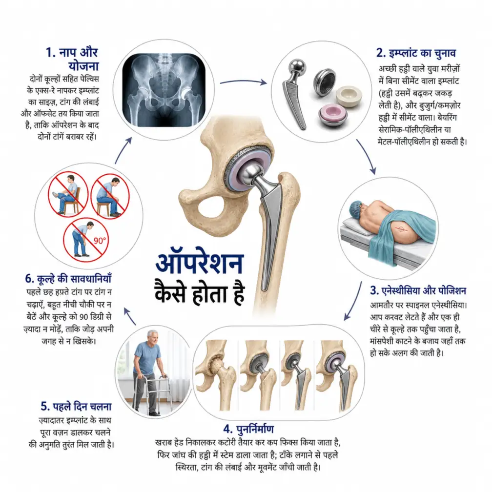 Six steps of hip replacement surgery — templating and planning, choice of implant, spinal anaesthesia and positioning, reconstruction of the joint, walking on day one, and hip precautions