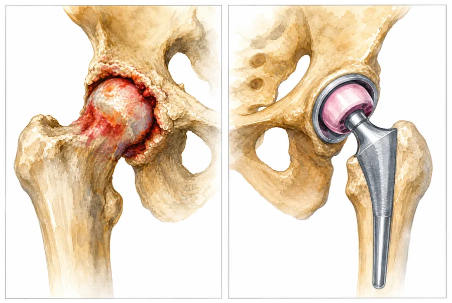 Arthritic hip joint before and after total hip replacement with a metal and ceramic implant