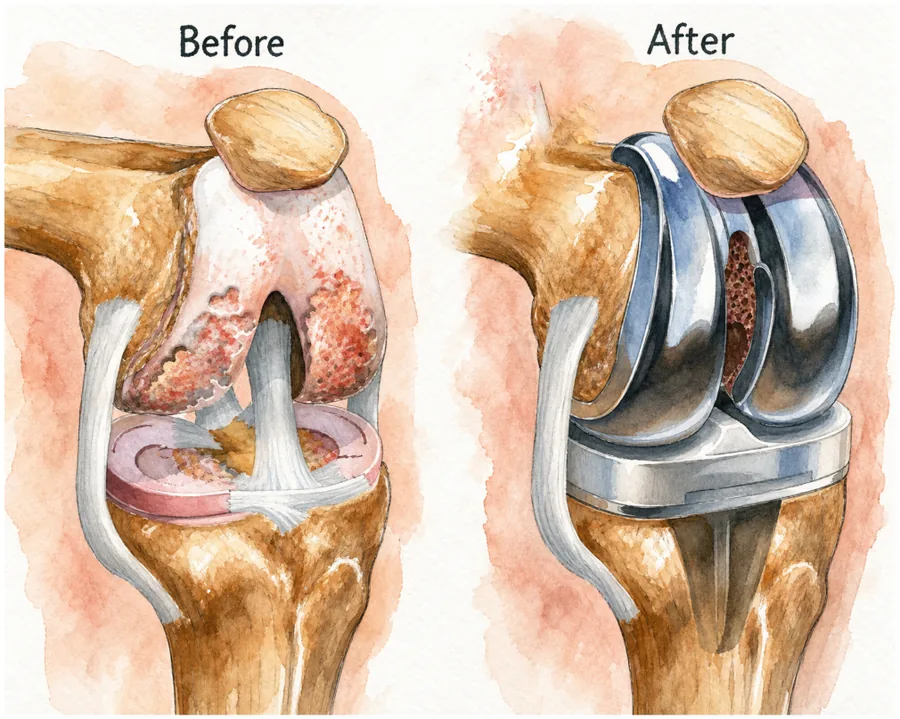 Knee before and after total knee replacement — arthritic joint surfaces replaced with a metal implant