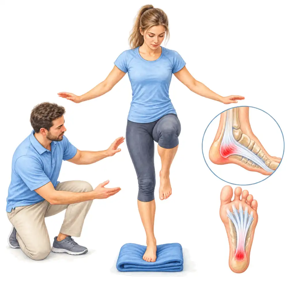 Balance work is the part people skip — standing on the one leg, first with the eyes open, then closed.