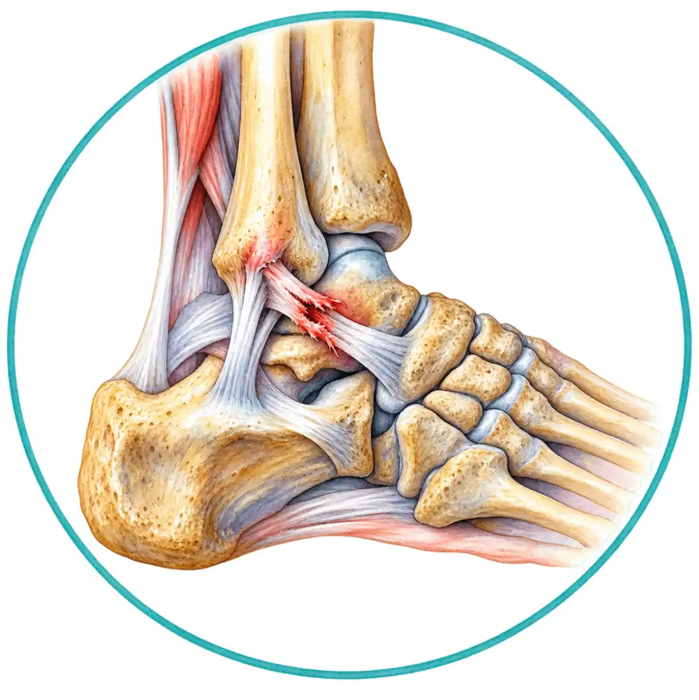 Ligaments are the tough bands holding the ankle bones together. A sprain is one of them stretched too far, or torn.