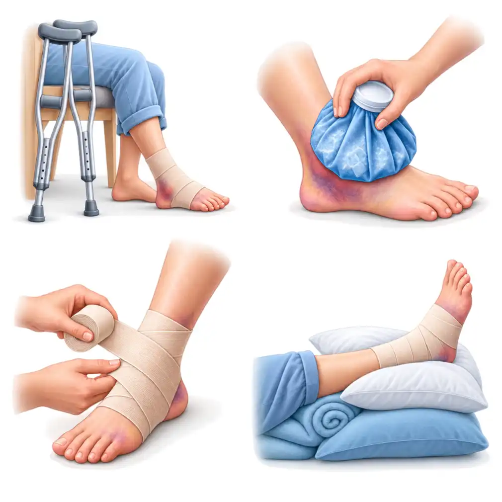 The first 48 to 72 hours: rest, ice wrapped in a cloth, a crepe bandage, and the ankle propped above the level of the heart.