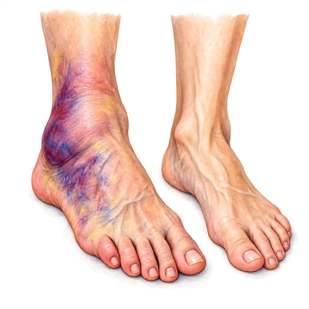 Swelling within hours, and blue or purple bruising over the next 24 to 48 hours.