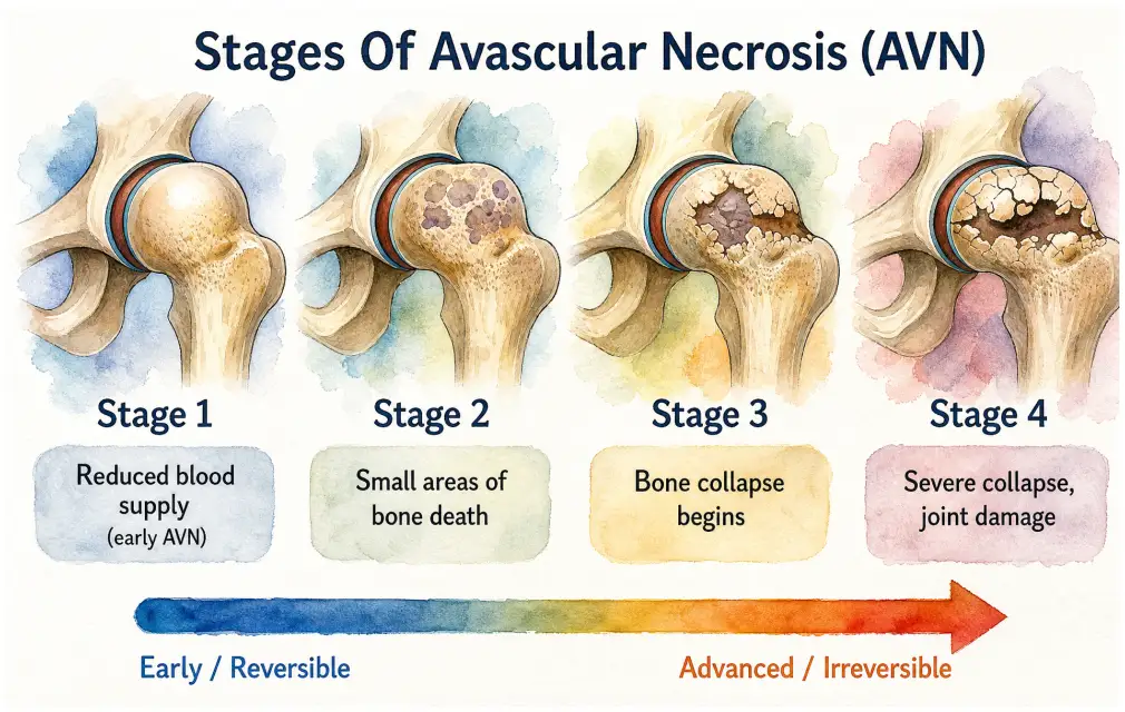 The four stages of avascular necrosis (AVN) of the hip, from reduced blood supply to collapse of the femoral head