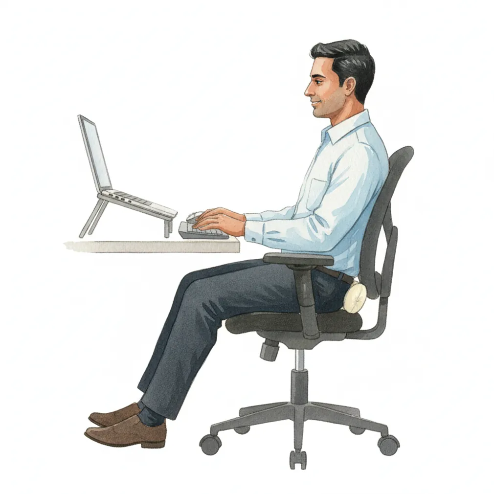 Sit upright with the lower back supported and the screen at eye level; stand up every 30–40 minutes.