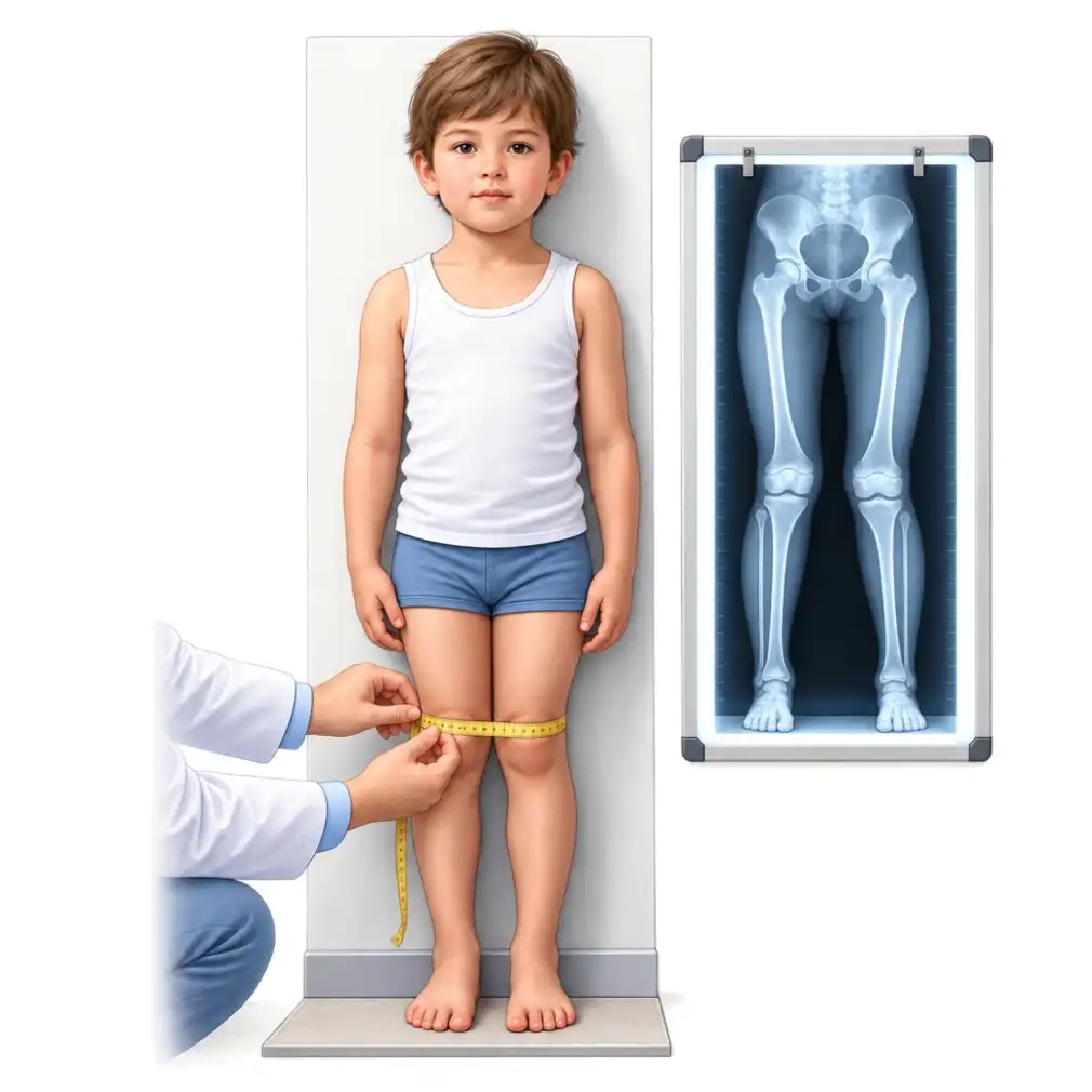 The gap between the knees or ankles is measured, and a standing X-ray of both legs shows exactly where the bend is.