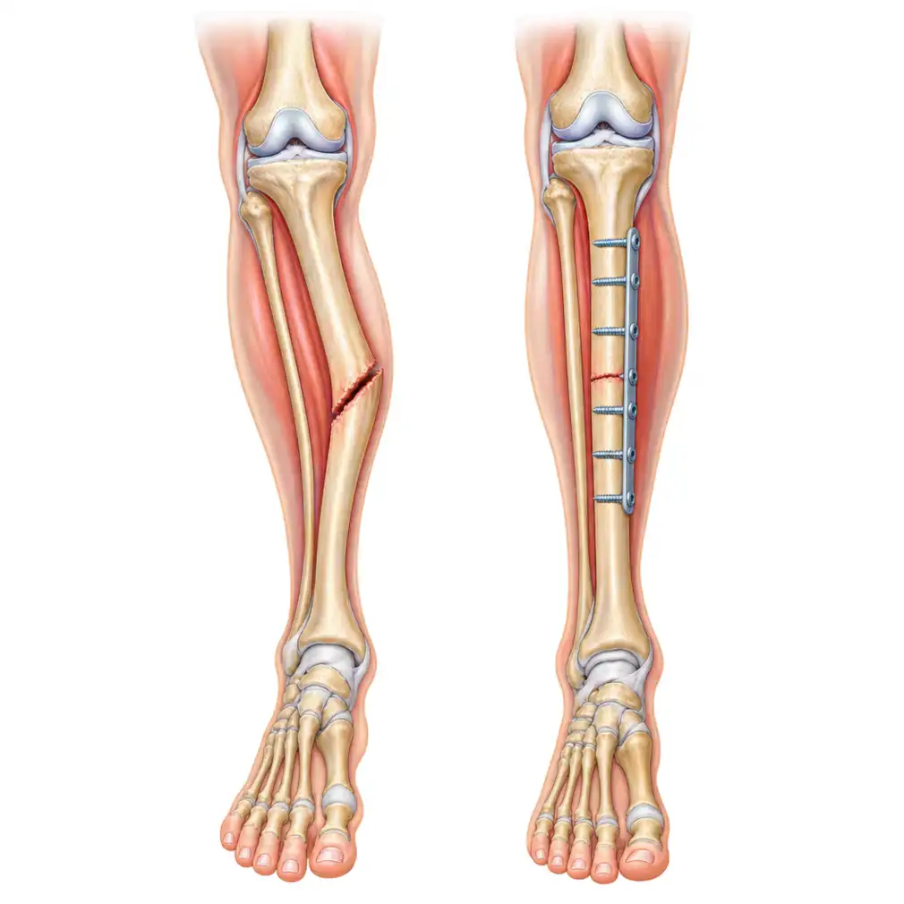 When growth is finished or the bend is severe, the bone is cut and reset straight, then held while it heals.