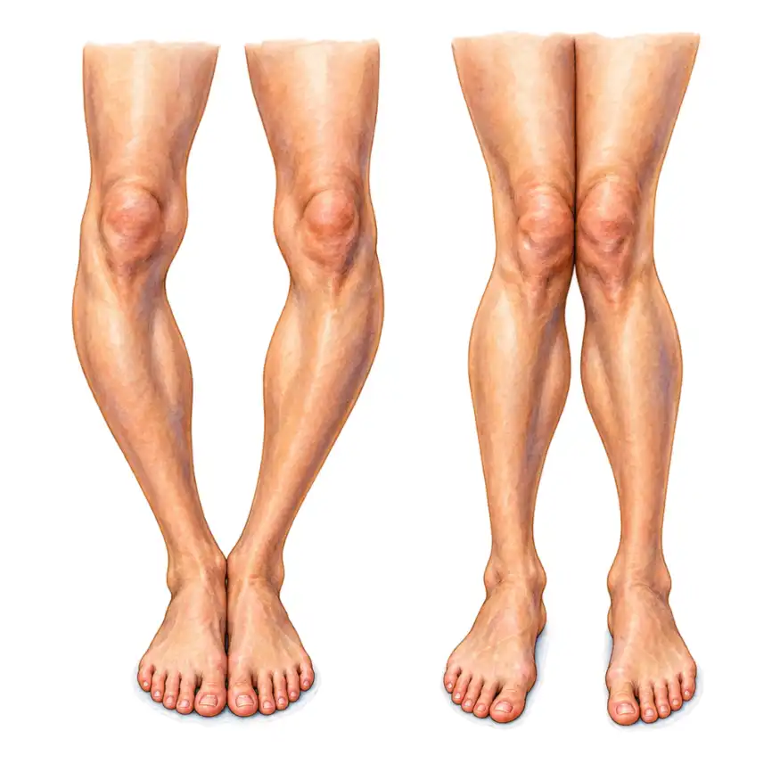 Bow legs: the knees stay apart while the ankles touch. Knock knees: the knees touch while the ankles stay apart.