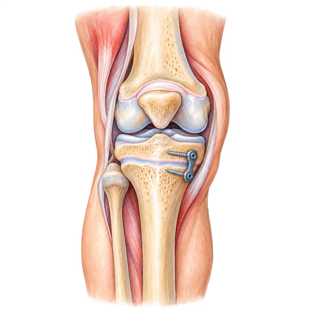 Guided growth: a small plate slows one side of the growth plate while the other keeps growing, and the leg straightens itself. No bone is cut.