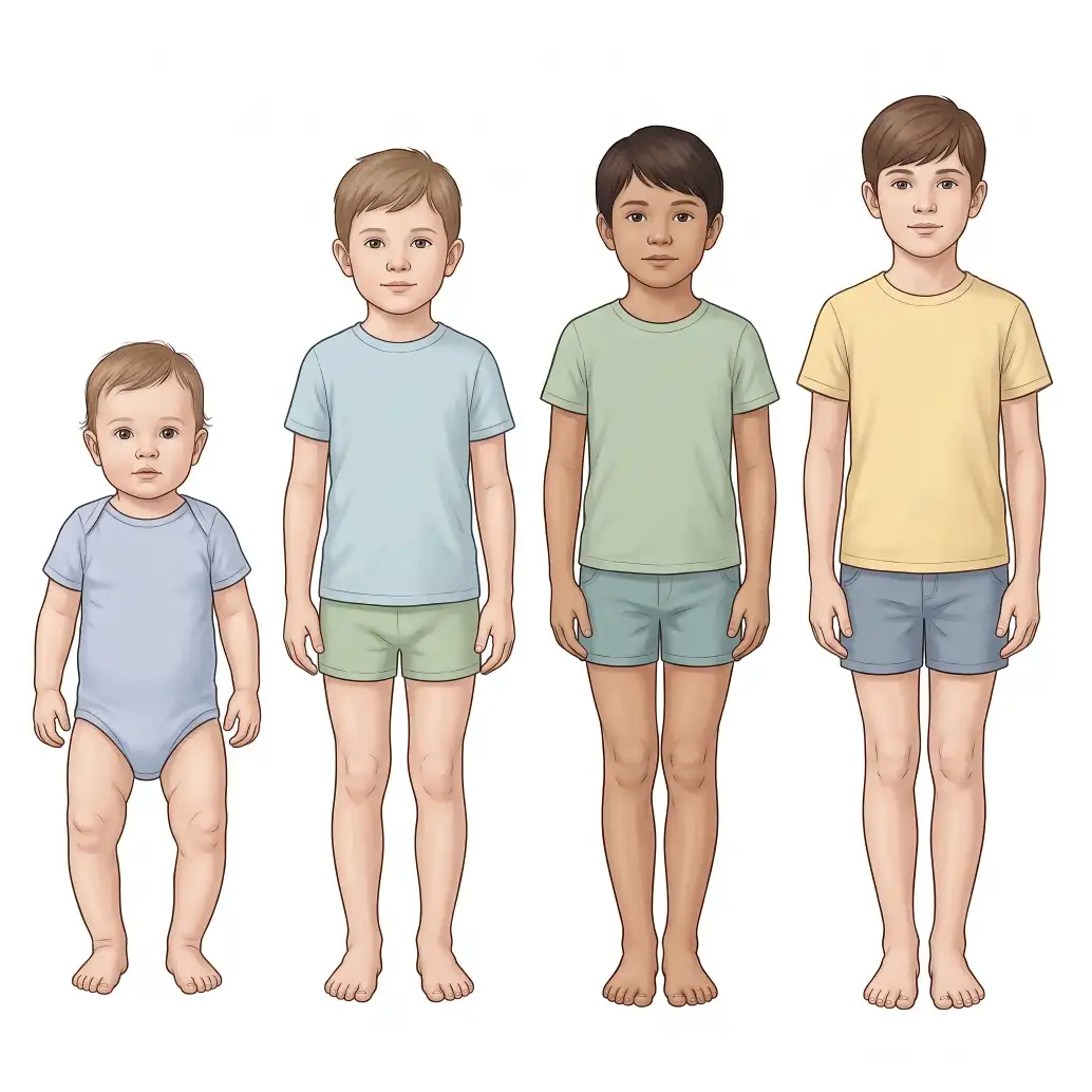 Almost every newborn has slightly bowed legs. They straighten by 18 to 24 months, pass through mild knock knees at 3 to 4 years, and are near straight by 7 or 8.