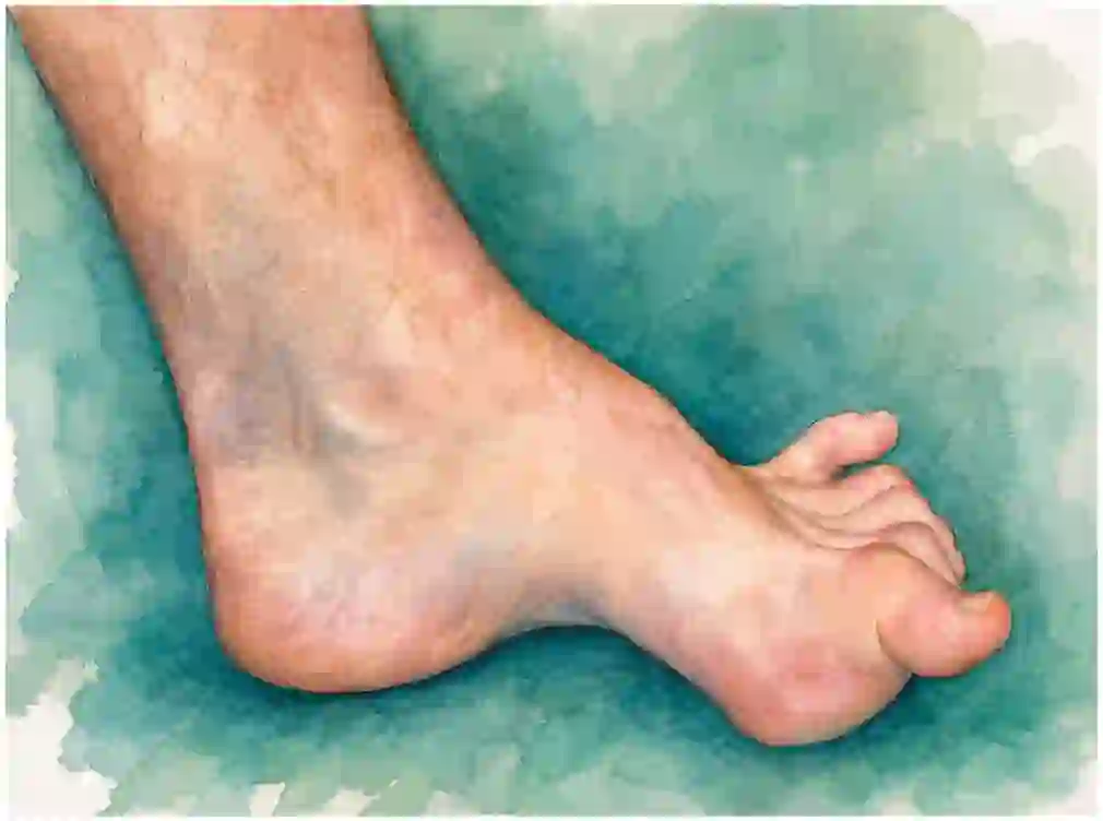 Cavus foot with high arch, clawed toes and the heel turned inwards