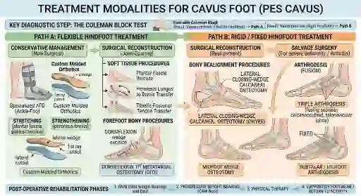 Cavus foot treatment chart - Coleman block test, flexible hindfoot path with soft tissue surgery, rigid hindfoot path with bony realignment and fusion
