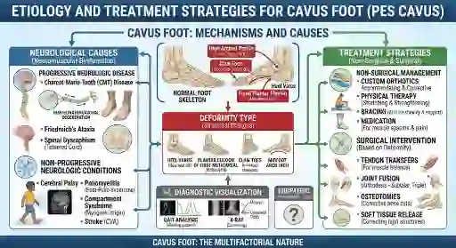 Cavus foot causes and treatment strategies chart - neurological causes, deformity types, diagnostic tests and treatment options