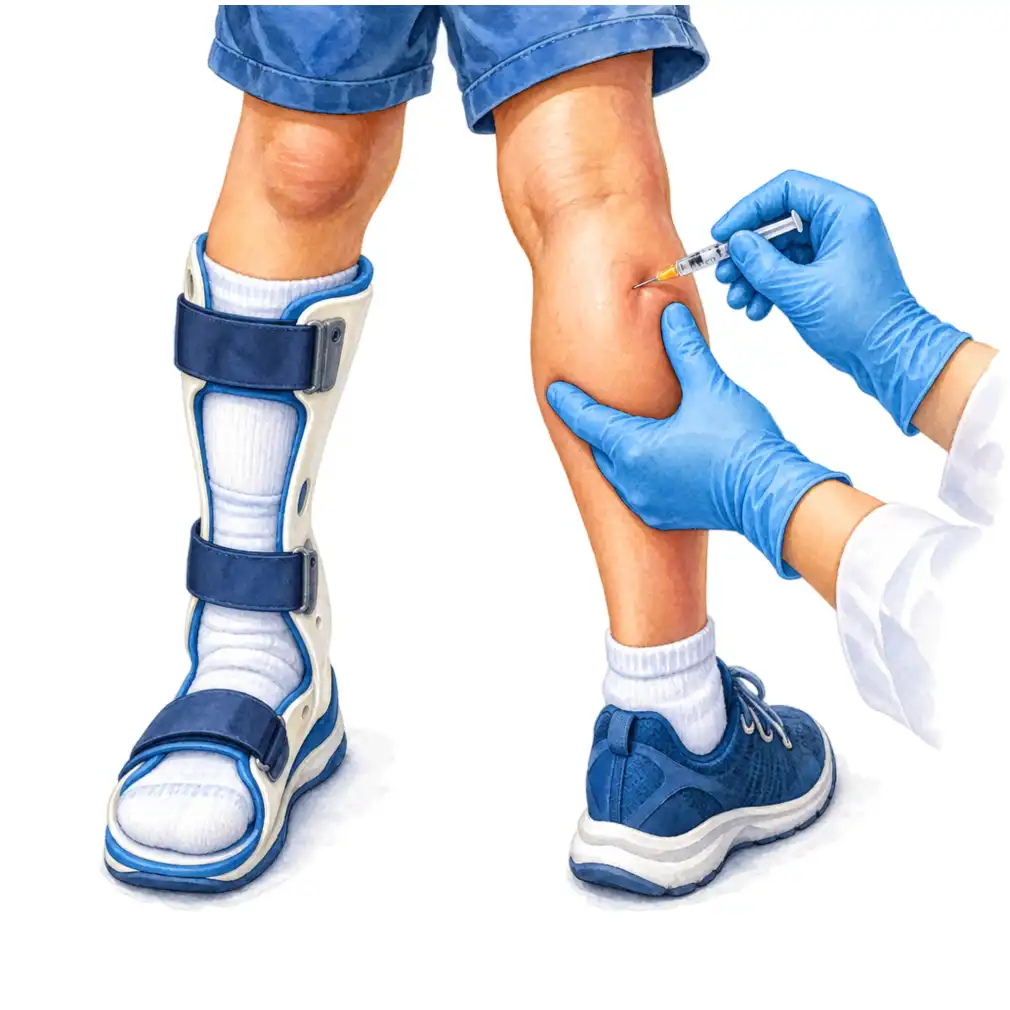 Botox relaxes a tight muscle for 3 to 6 months, opening a window in which physiotherapy works far better. An AFO holds the foot flat for walking.
