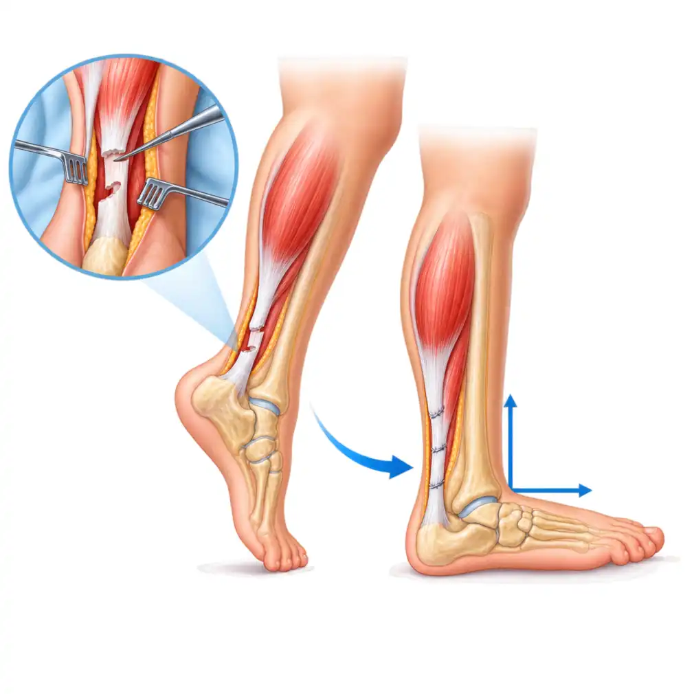 When a muscle has shortened beyond the reach of stretching, lengthening the tendon lets the heel come down to the floor again.
