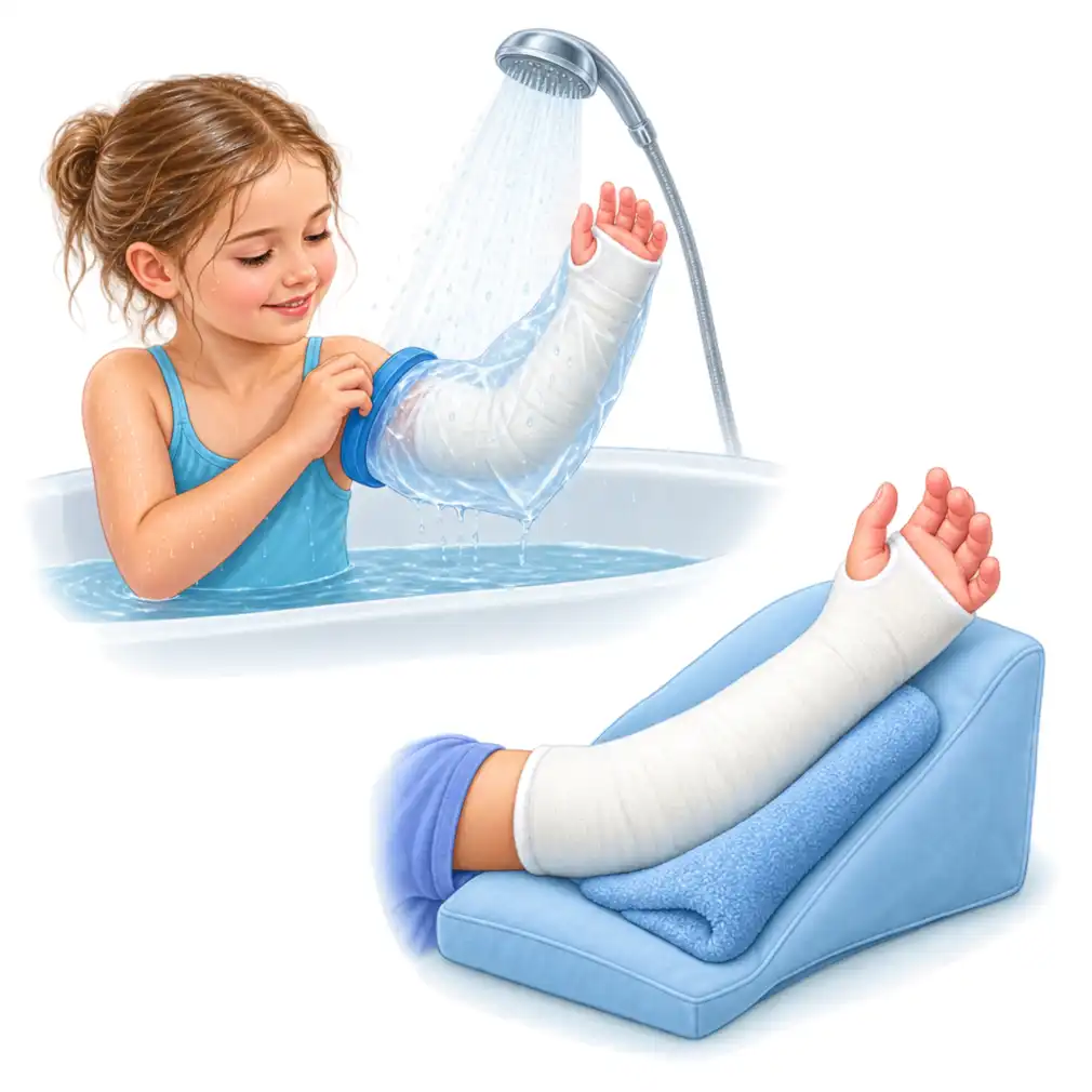Keep the cast dry and bag it for a bath. Keep the limb raised for the first few days, and never push anything down inside to scratch.