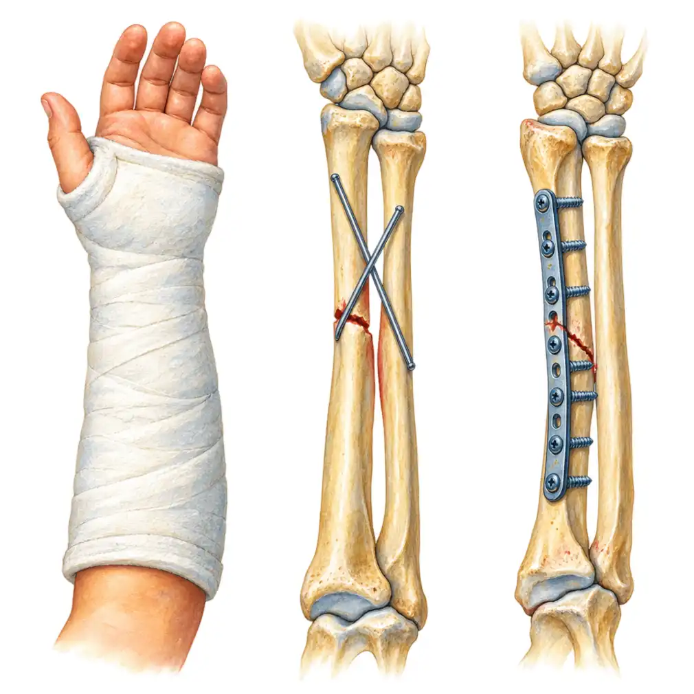 Most need nothing more than a well-fitted plaster. If the bone has moved, smooth pins hold it while it heals; plates are mainly for breaks running into a joint.