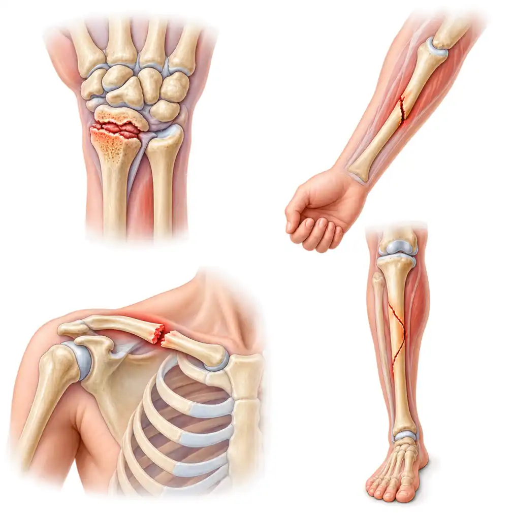 The wrist after a fall on an outstretched hand is the commonest. Then the collarbone, the forearm and the shin.