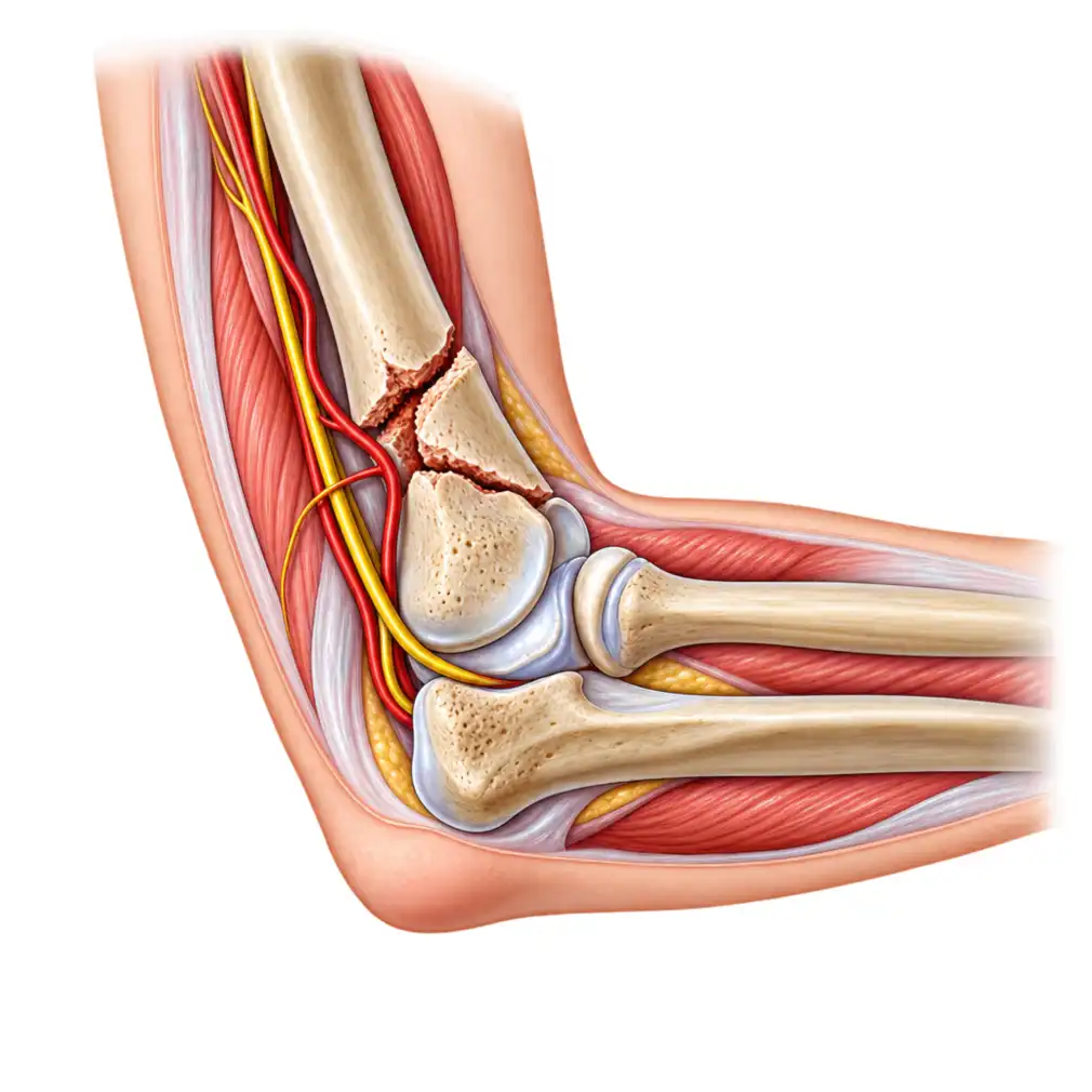 A break just above the elbow is the one we watch most closely — the nerves and the artery to the hand run right past it. Cold, pale or numb fingers is an emergency.