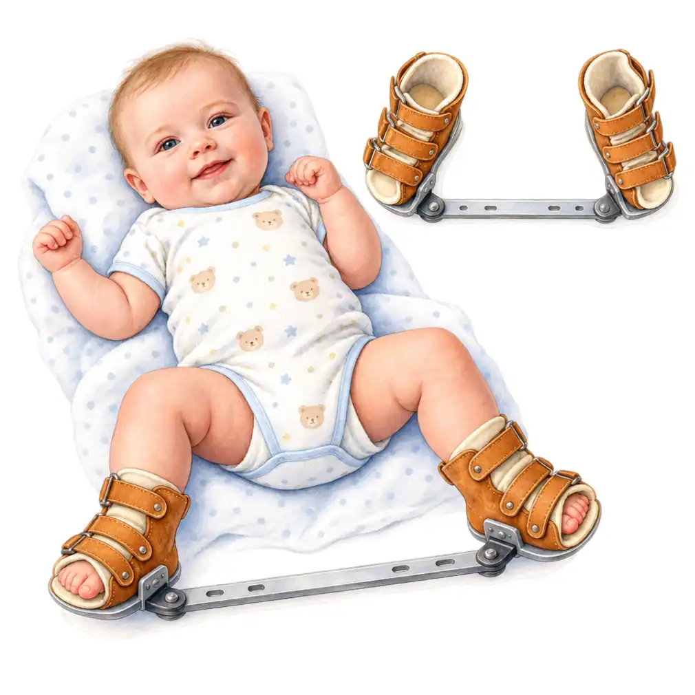 Boots joined by a bar — 23 hours a day for the first 3 months, then nights only until age 4 or 5.