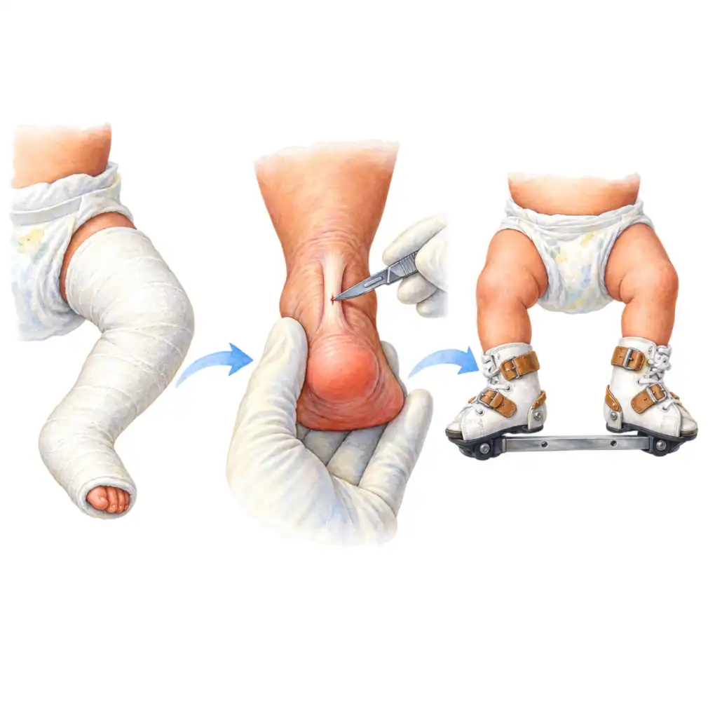 The Ponseti method: weekly plaster casts, a small release of the tight heel cord, then a brace.