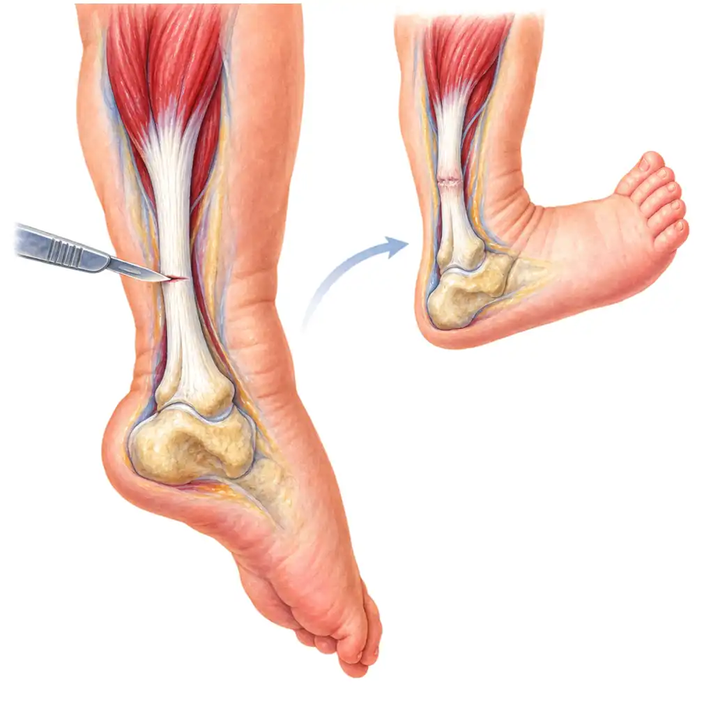 A very small cut releases the tight Achilles tendon. The foot can then come up to a right angle.