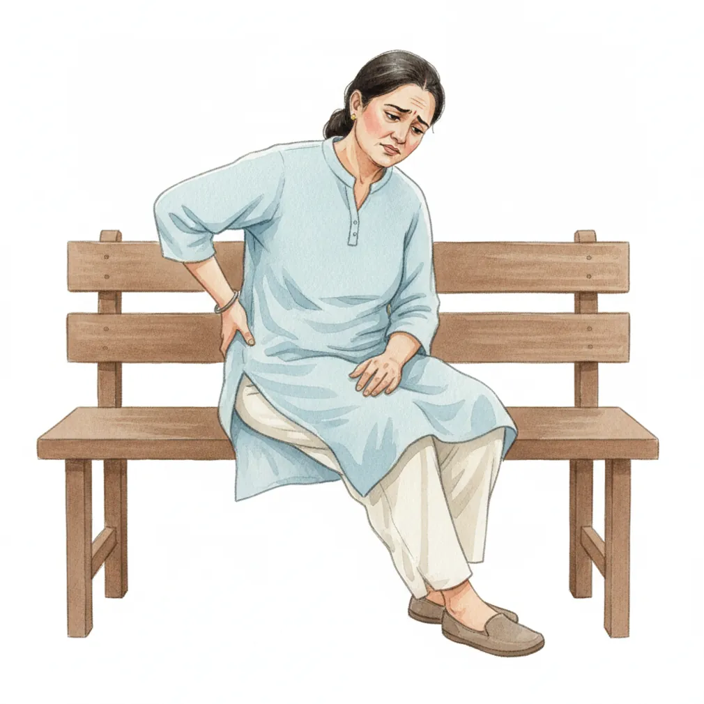 The pain is usually worse when sitting on hard seats or getting up from a chair.