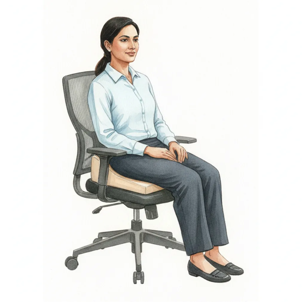 A wedge cushion with a cut-out takes the pressure off the tailbone.