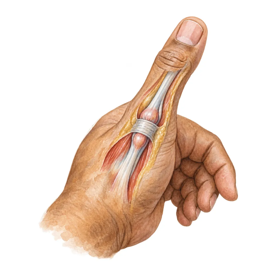 A small thickening on the tendon gets caught in a tight tunnel at the base of the thumb.