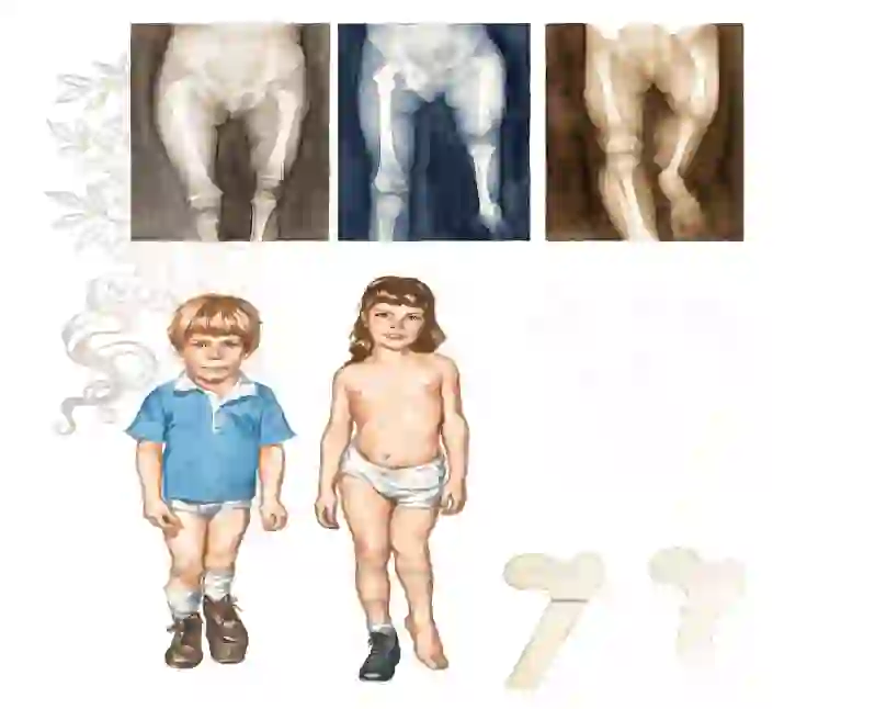 Developmental coxa vara - a child's stance and gait, with X-rays showing the drooping femoral neck