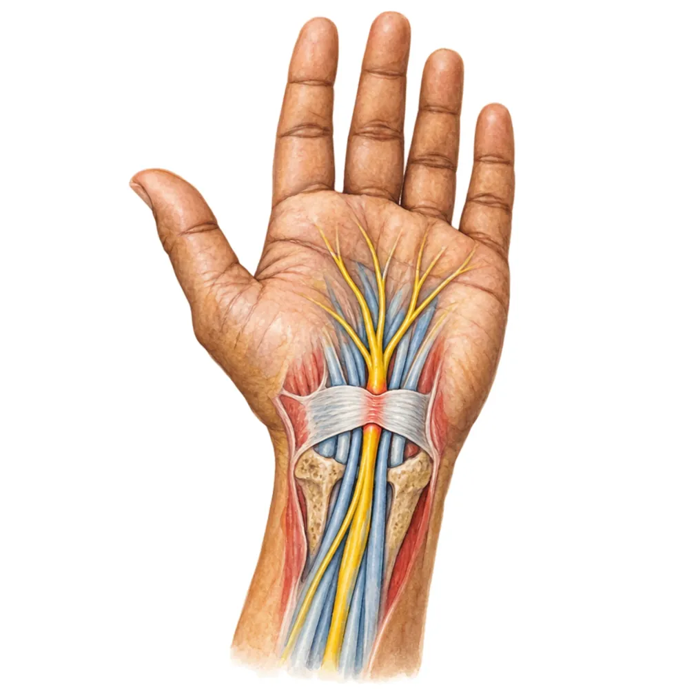In carpal tunnel syndrome the median nerve is squeezed in a tight tunnel at the wrist.