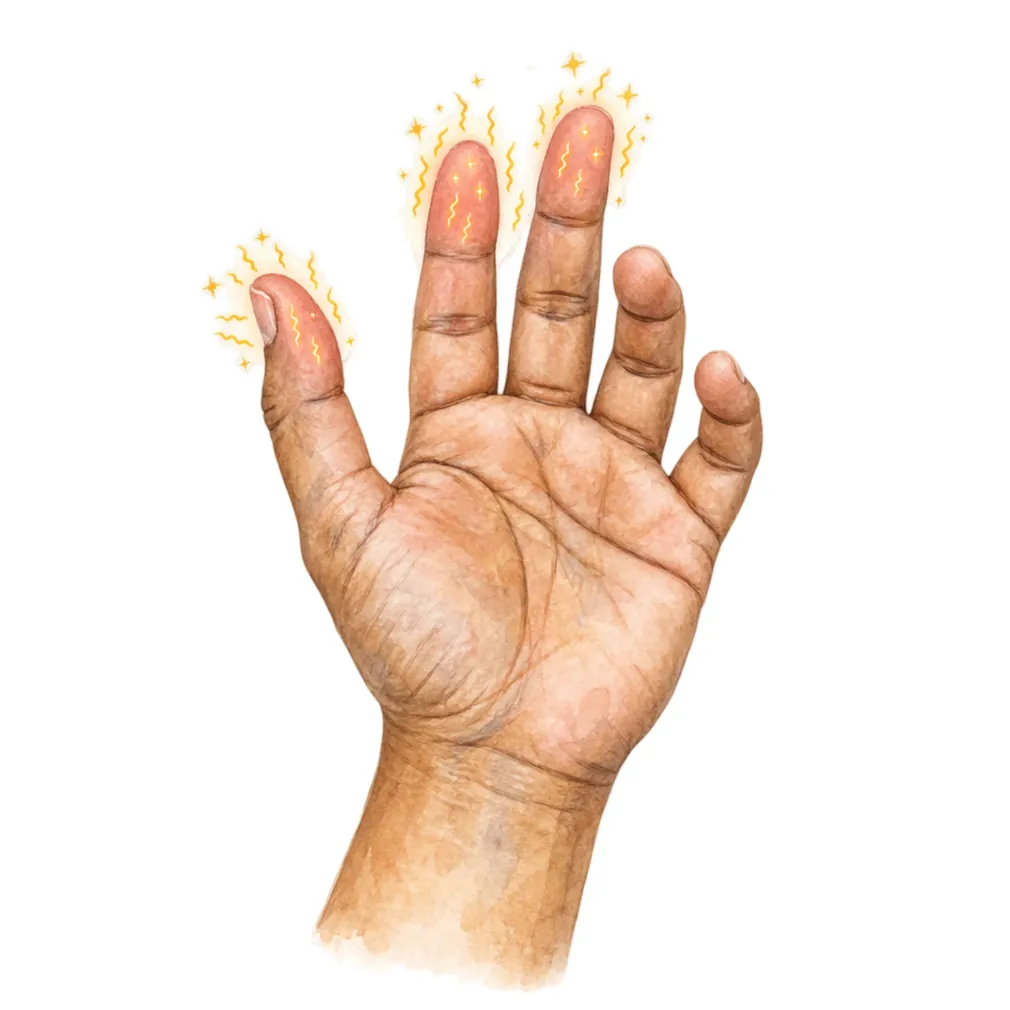 It causes tingling and numbness in the thumb, index and middle fingers, often at night.
