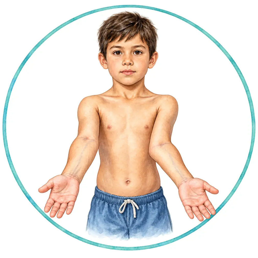 Held straight with the palms forward, a normal elbow angles slightly outward — 5 to 15 degrees. In cubitus varus that angle is lost and the forearm turns inward.