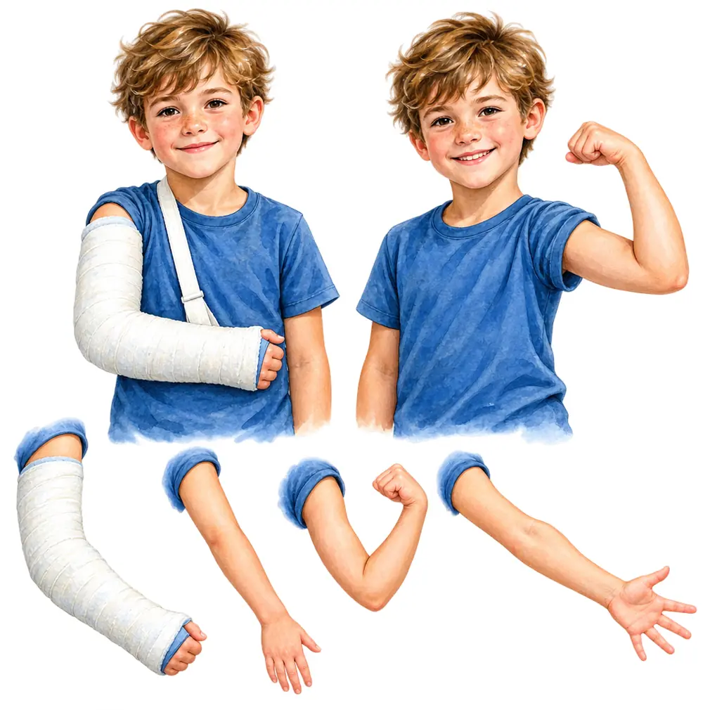 The arm is held in a cast or with pins while the bone unites, and movement is started as soon as the surgeon allows. Full recovery takes 3 to 4 months.