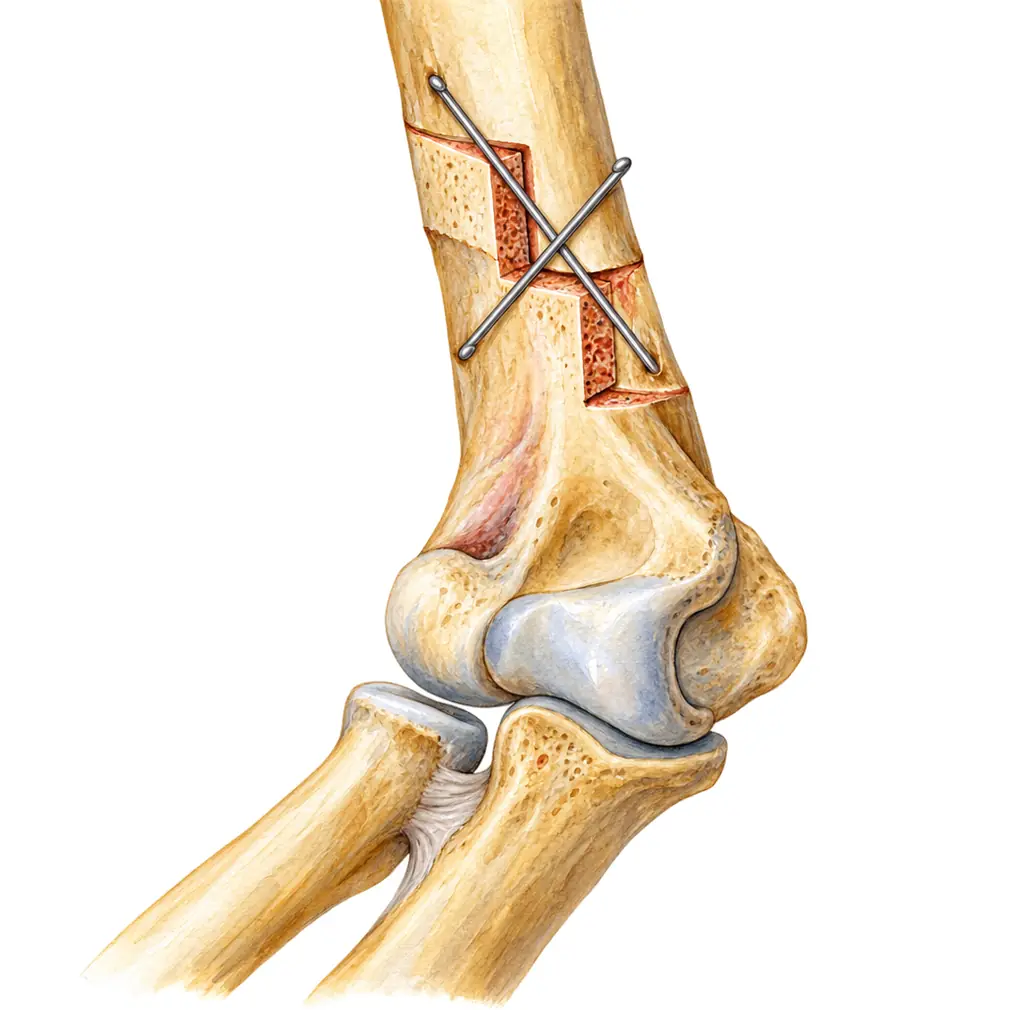 The bone is cut in a step shape rather than a simple wedge. The step locks the two pieces together so the bone cannot rotate as it heals.