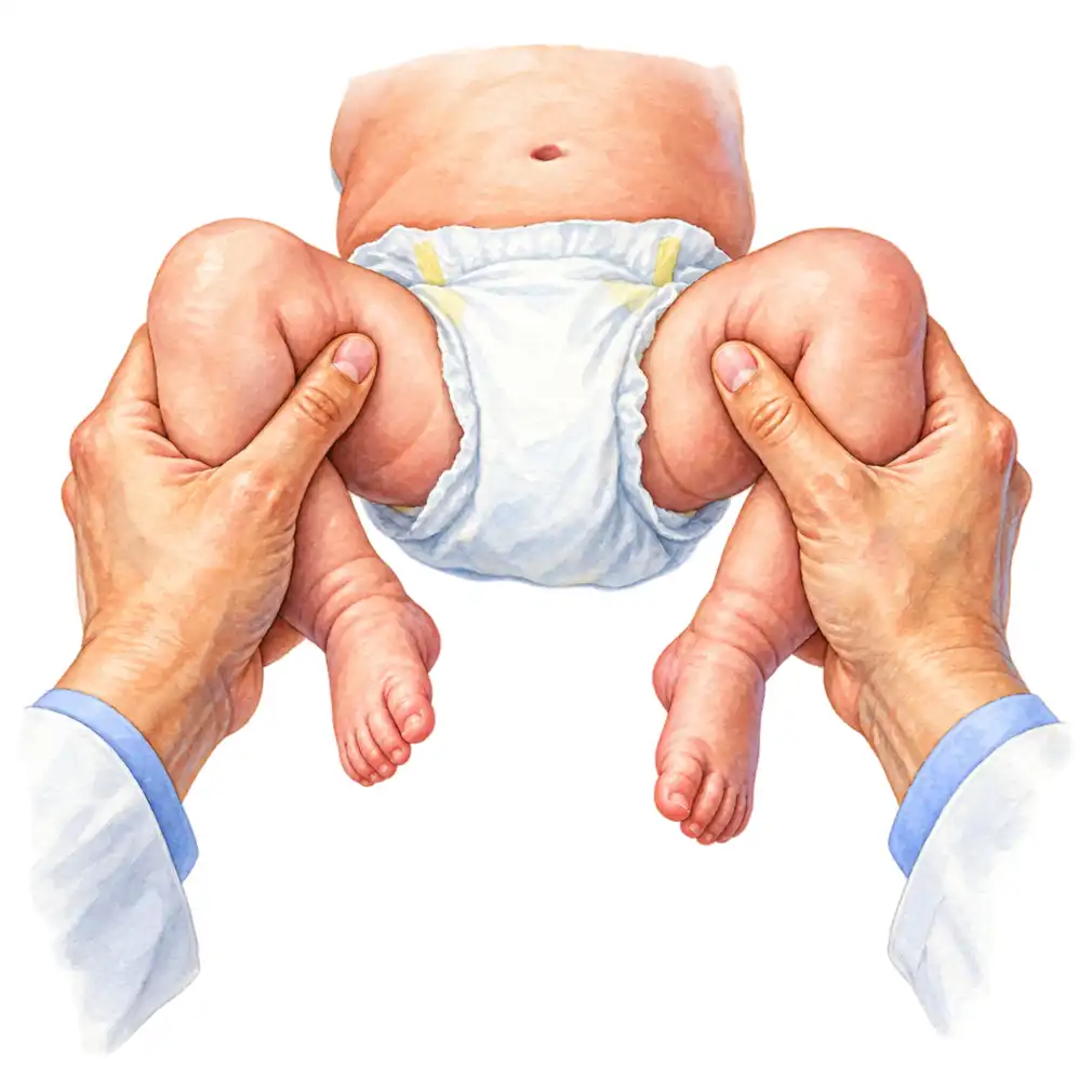 The doctor moves the hips in a particular way — the Ortolani and Barlow tests. Before six months an ultrasound shows the hip best.