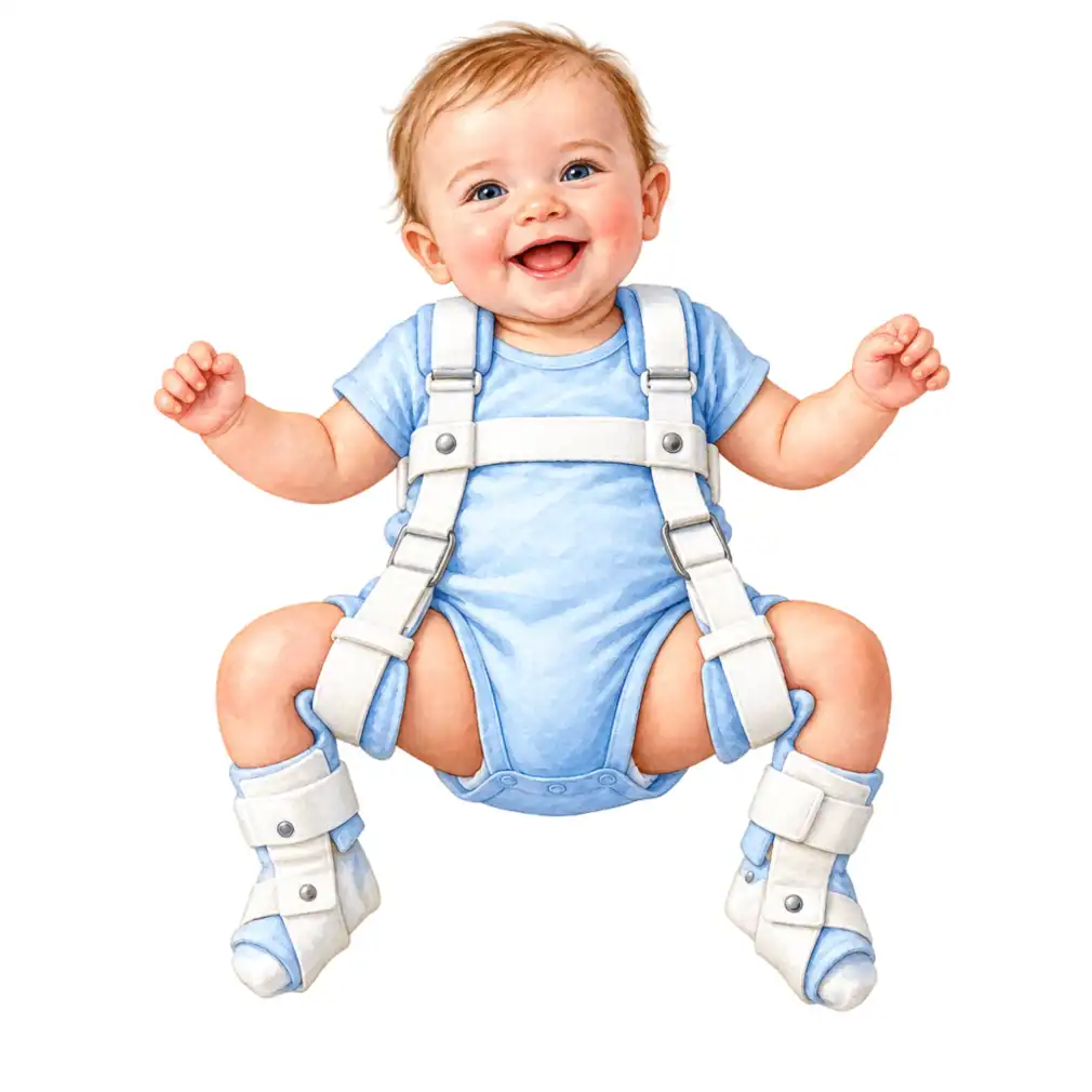 A Pavlik harness holds the legs bent up and apart. Worn about 6 to 12 weeks, the socket deepens around the ball on its own.