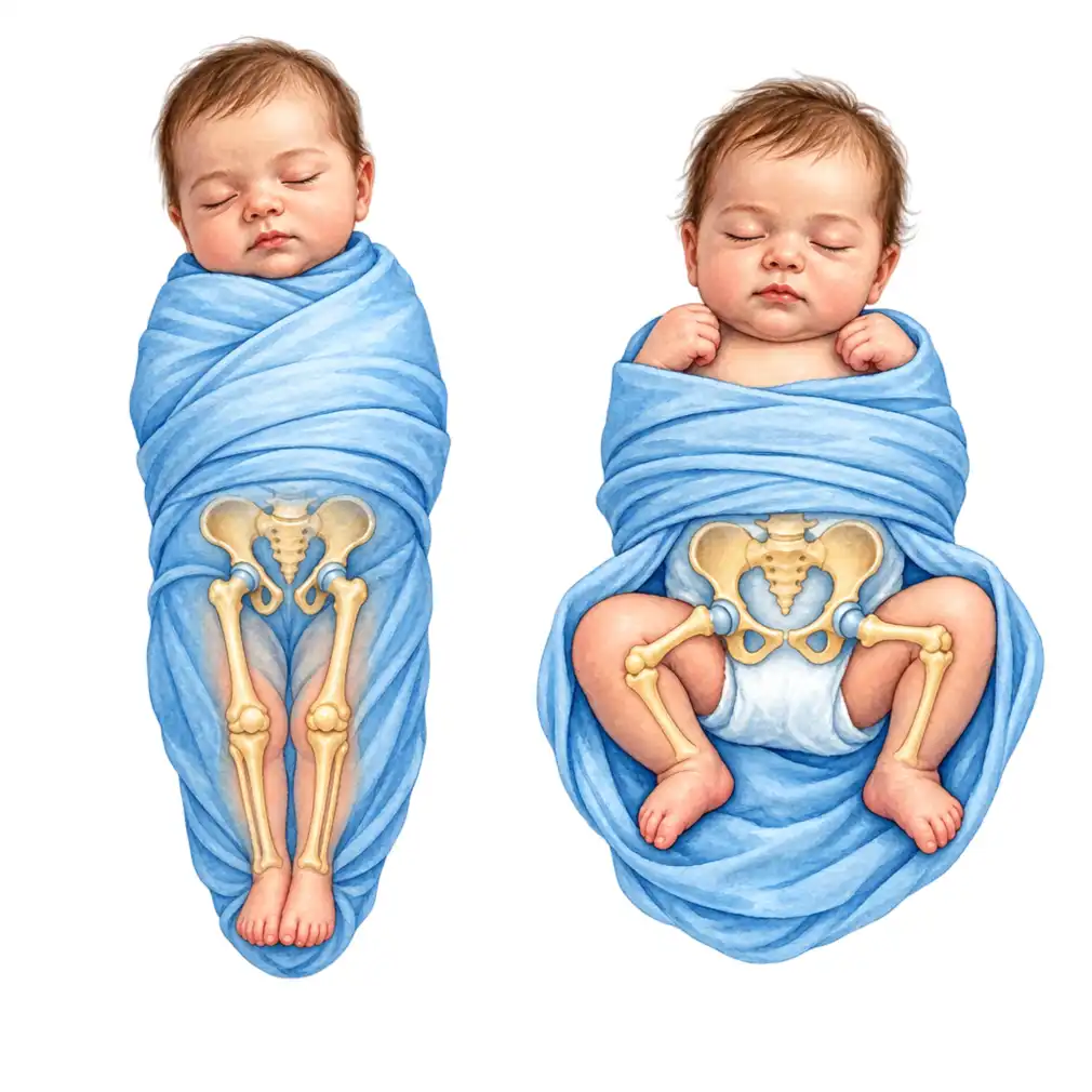 Do not wrap a baby with the legs pulled straight and pressed together. Leave the hips free to bend and spread.