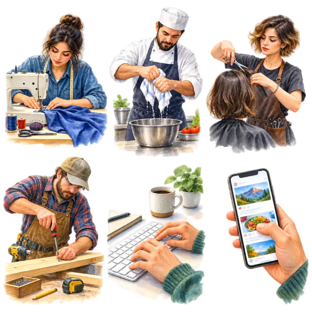 Tailors, cooks, hairdressers, carpenters, people at a keyboard, and heavy phone users — repeated gripping, wringing and pinching all load the same two tendons.