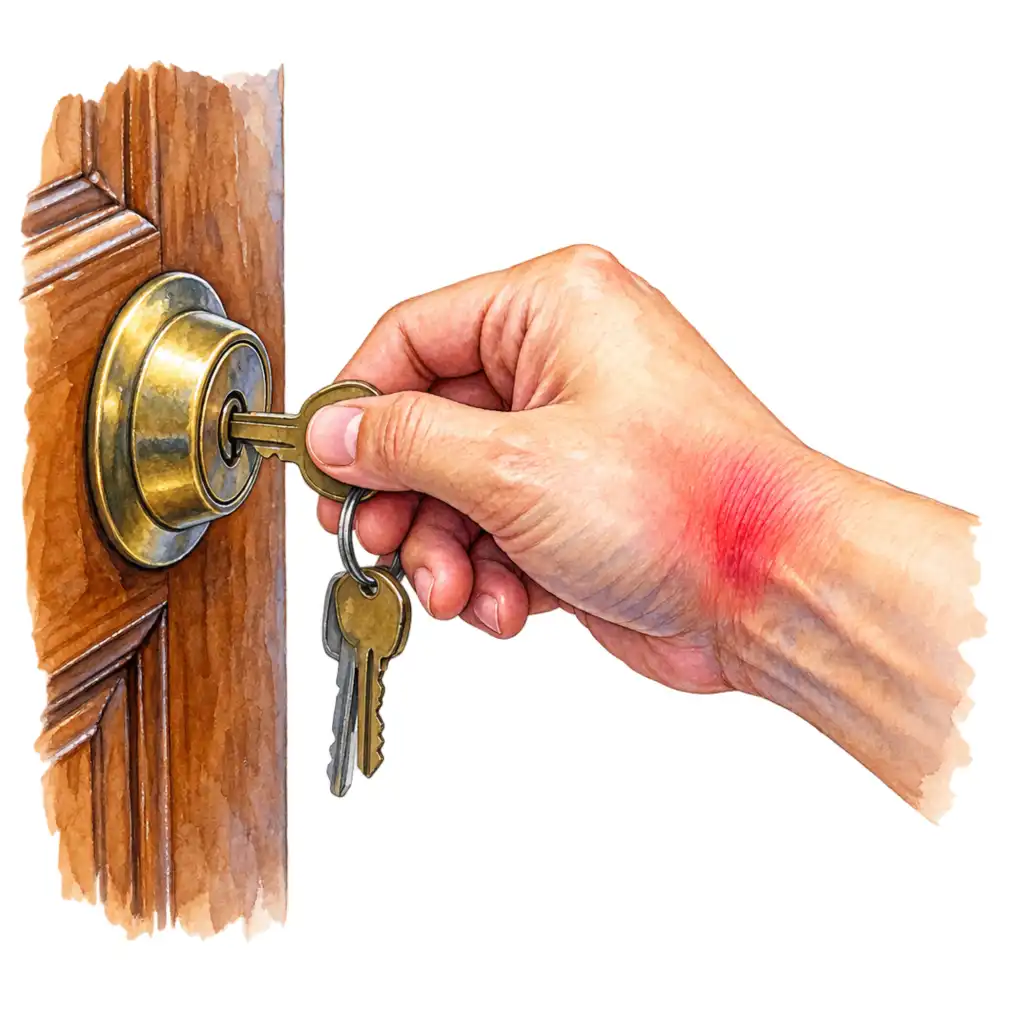 Pain on the thumb side of the wrist, worst on lifting, wringing, pouring or turning a key — anything that moves the thumb away from the palm.