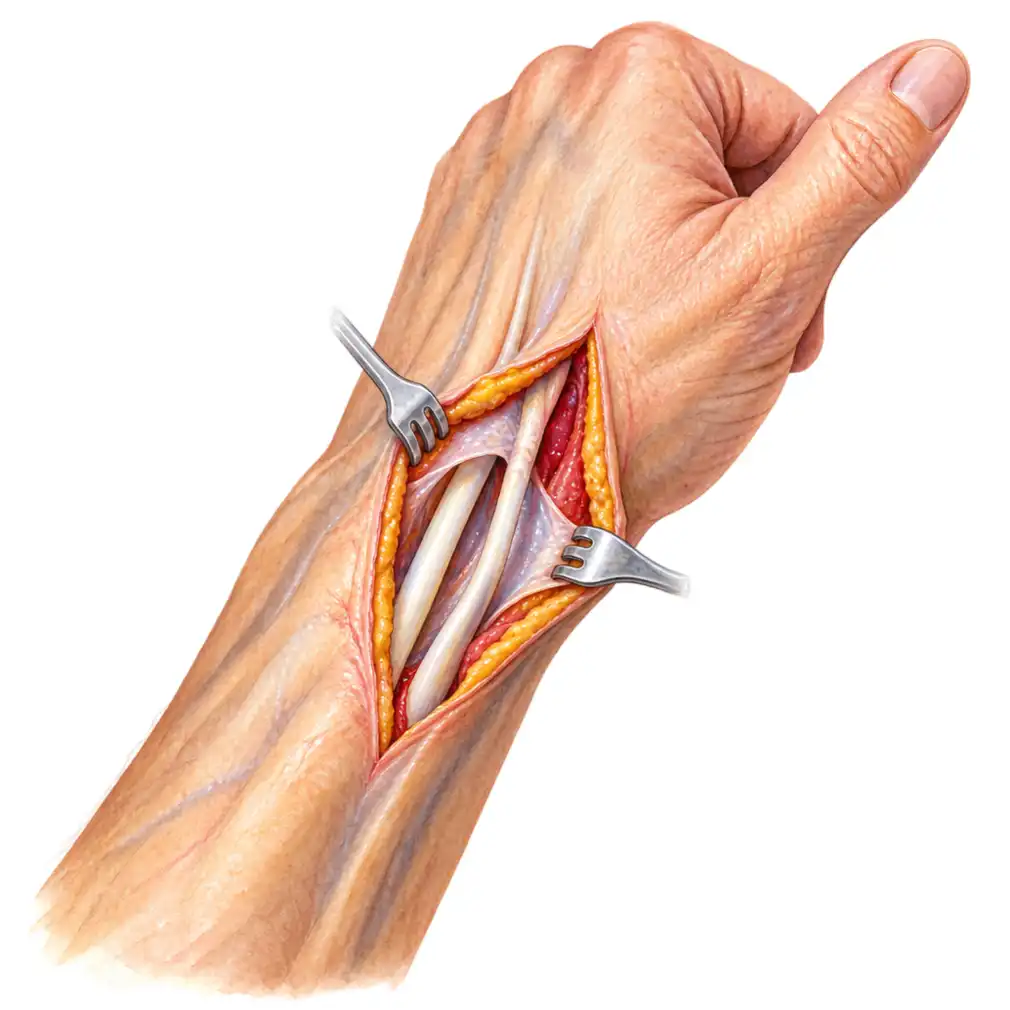 For the few it does not settle, the tight tunnel is simply opened — fifteen minutes under local anaesthetic, and the tendons glide again straight away.