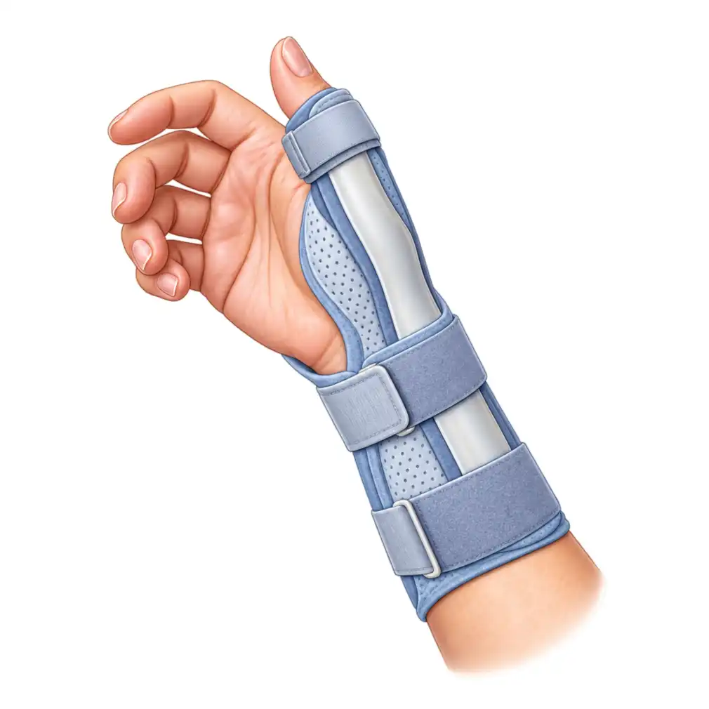 A thumb spica splint holds the thumb and wrist still so the tendons stop being dragged through the tunnel. Worn day and night for 3 to 6 weeks.