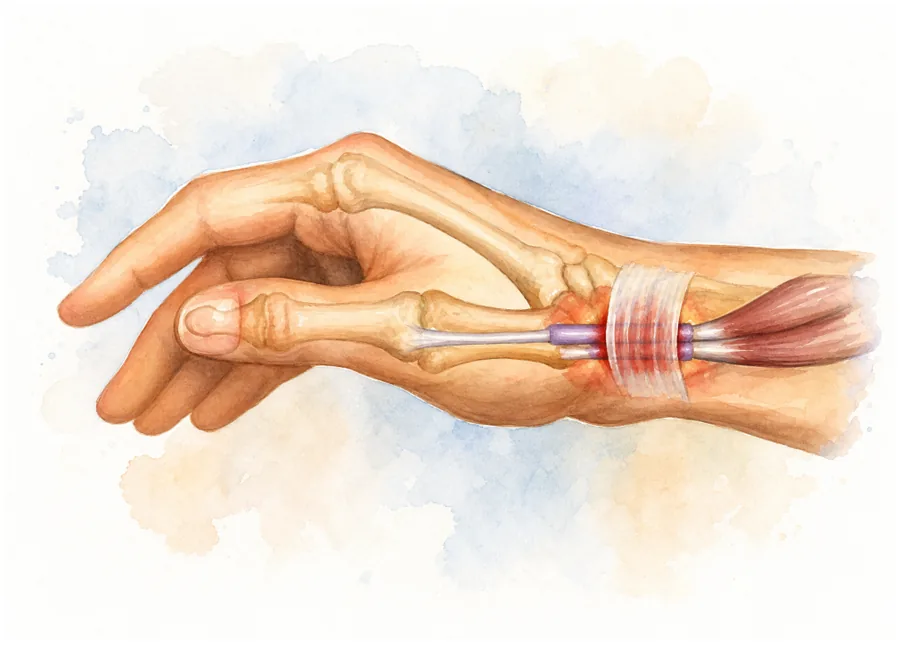 Thumb tendons inflamed in the first dorsal compartment of the wrist in De Quervain's tenosynovitis
