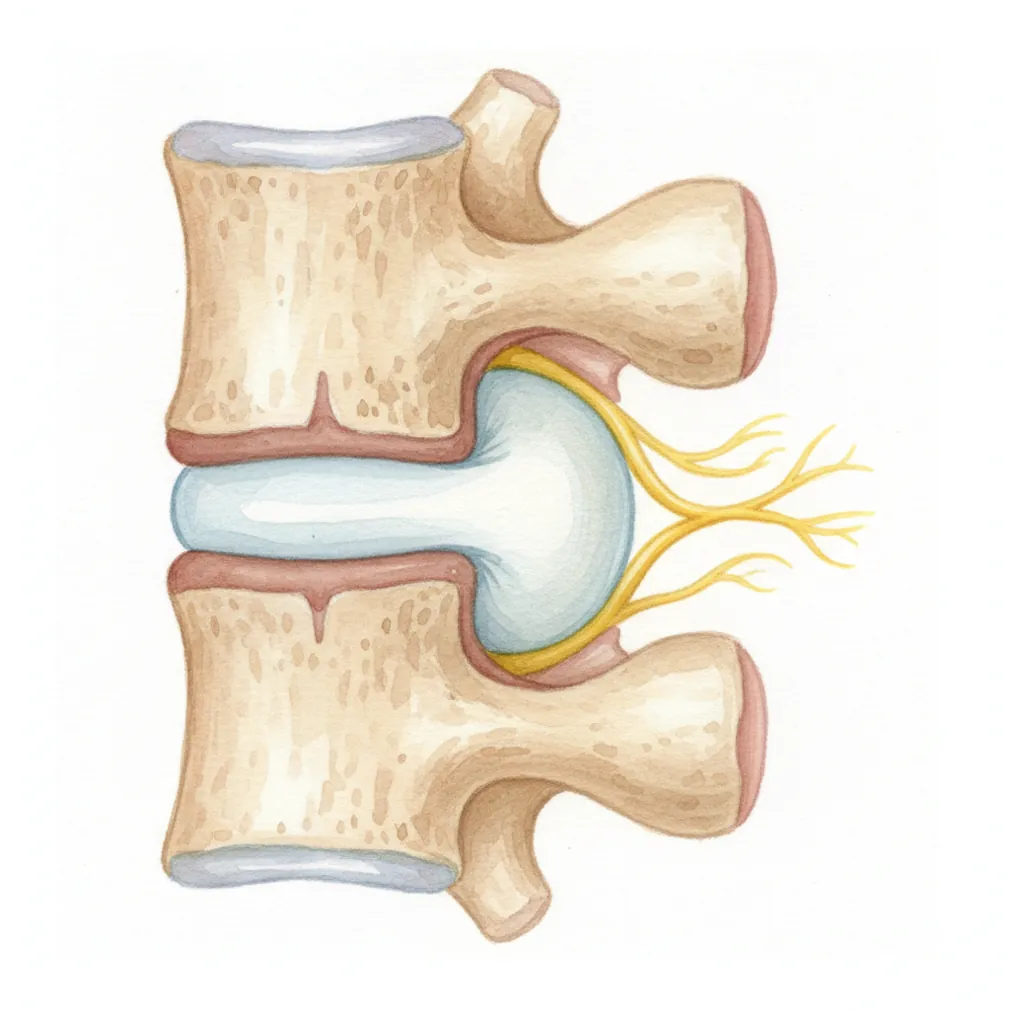 In a slipped (prolapsed) disc, the soft centre of the disc bulges out and presses on a nerve.