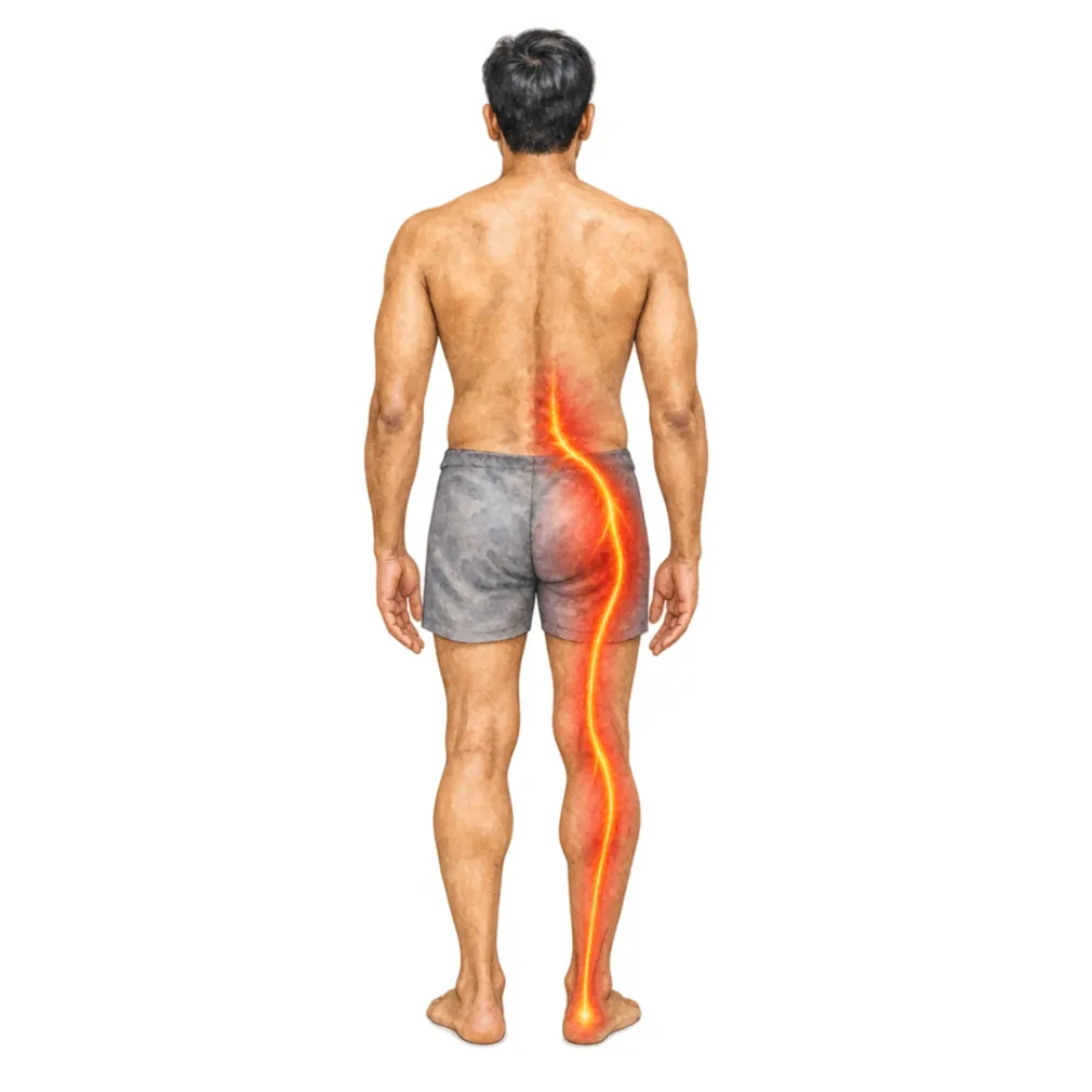Pressure on the nerve causes pain that runs from the back down the leg (sciatica).